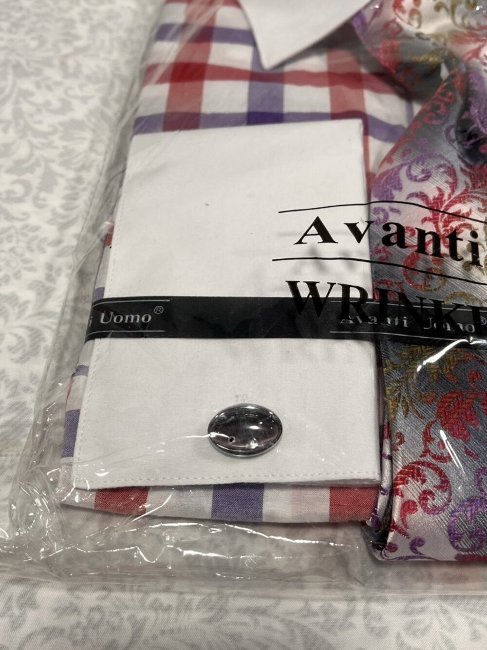Avanti Uomo Dress Shirt Set 17.5 36/37 XL Plaid Paisley Tie Pocket Square NWT - Picture 2 of 13